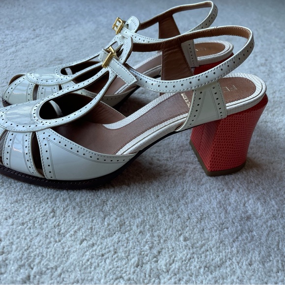 Fendi White Cut-Out Patent Leather And Orange Lizard Block Heel Peep Toe - Picture 2 of 8